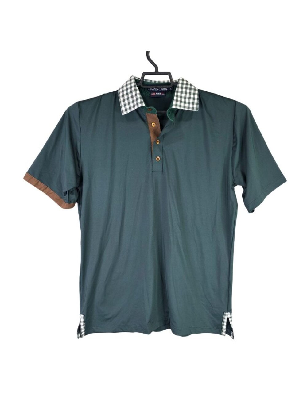 Mens Alial Fital Green Polo Shirt Gingham Collar Short Sleeve Micropoly Blend L
